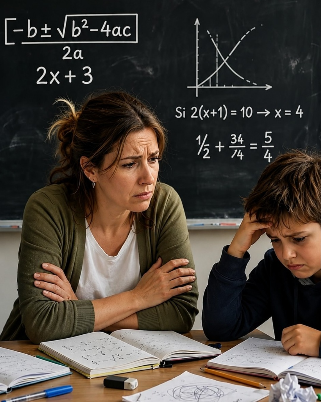 Madre preocupada y niño frustrado frente a una pizarra con matemáticas