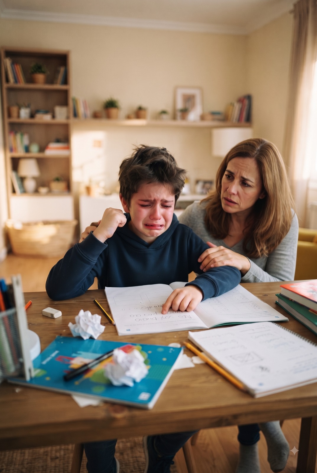 Niño frustrado con su madre durante las tareas