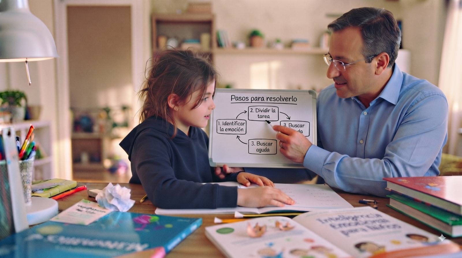 Héctor enseñando a una niña con el minitablero Pasos para resolverlo
