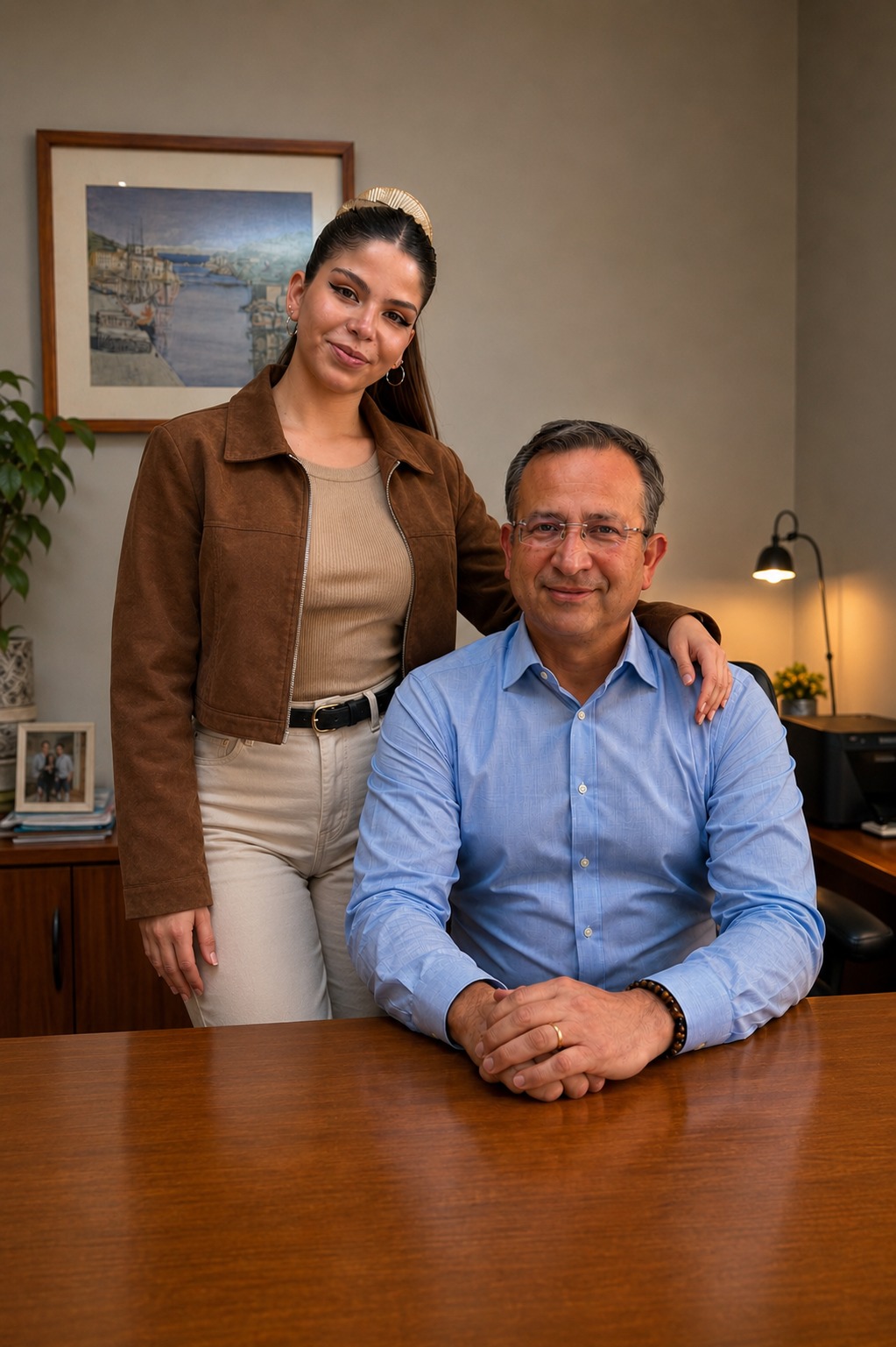 Héctor Letelier junto a su hija en su oficina
